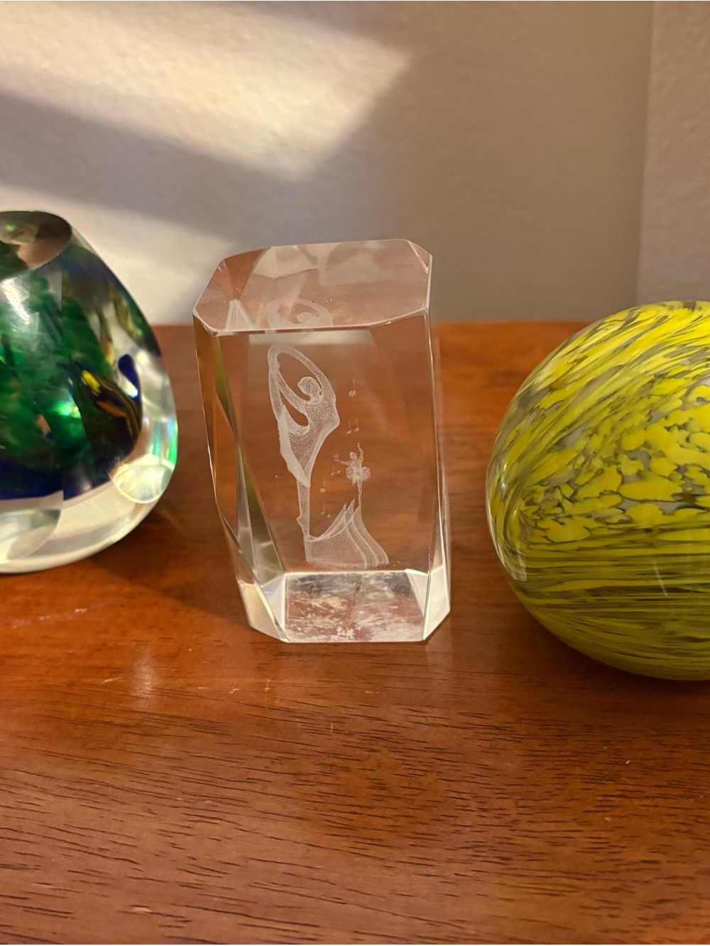 Bundle of 3 Vintage Glass Paperweights ballerina yellow swirl